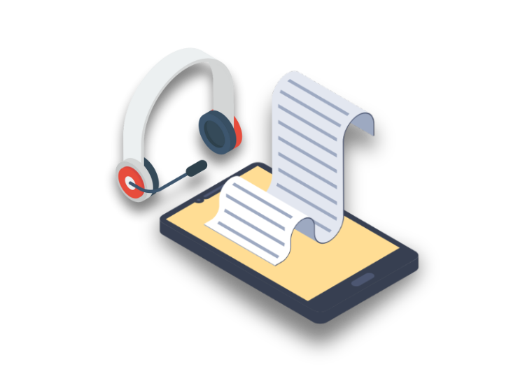 Headphones and tablet with a transcript on