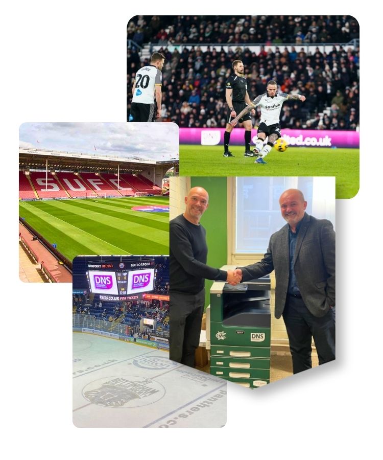 A collection of images of football stadiums and Martin with a customer next to a printer