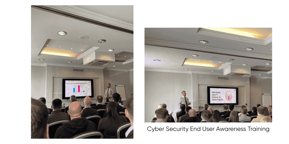 Hugh presenting cyber security training to a room of people
