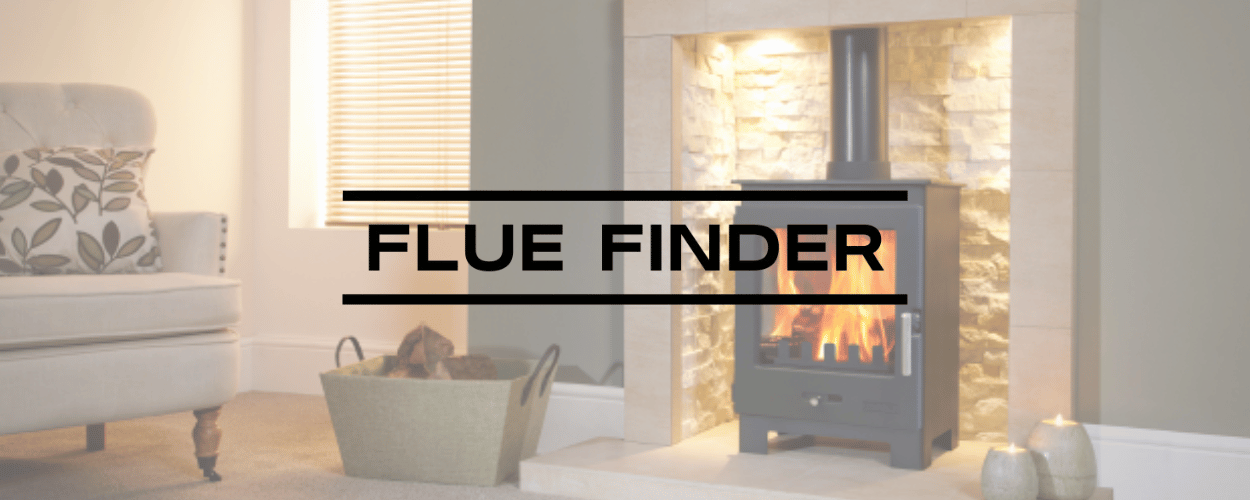 An indoor fire in a living room with the words flue finder over the top