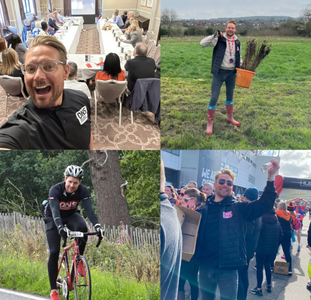 Images of Hugh riding a bike, planing trees and at events