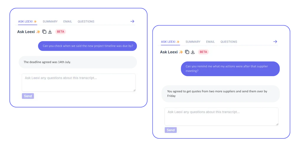Screenshots of asking a question to Leexi