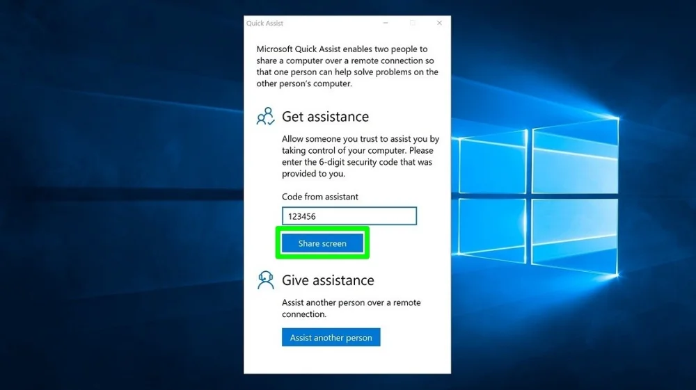 Quick Assist Window on computer screen